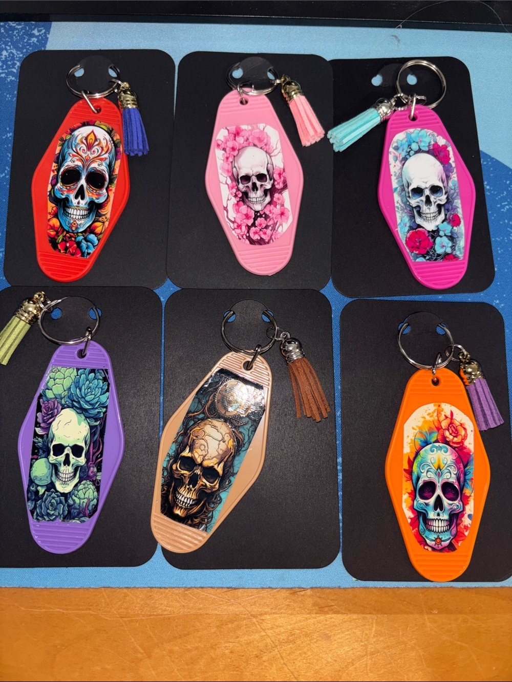 Hand Crafted Skull Floral Key Tags in Red Pink Purple Tan Orange - Picture 2 of 3